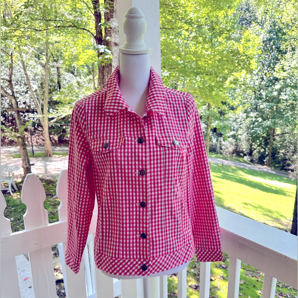 Appleseed’s Petites Pink & White Gingham Denim Jacket PM FREE SHIP